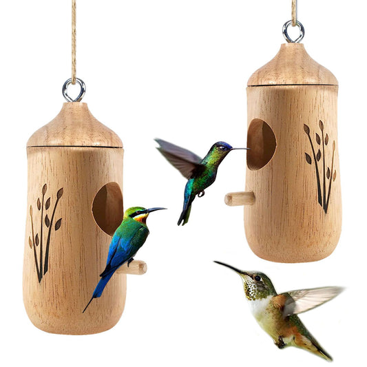 Pair of wooden hummingbird houses with carved motif, perches and metal rings with hummingbirds