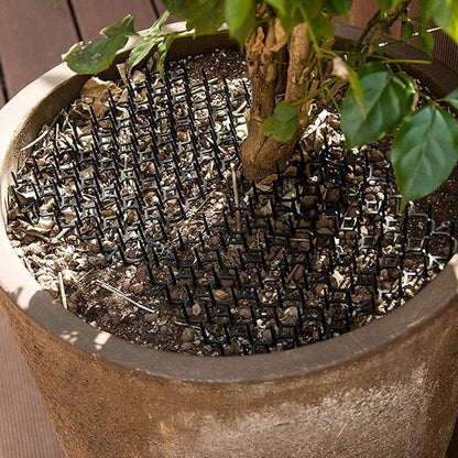 Mat panel placed inside a planter covering soil around a plant stem