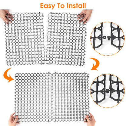 Two mat panels being connected by hand with close-up of snap-in connector pegs