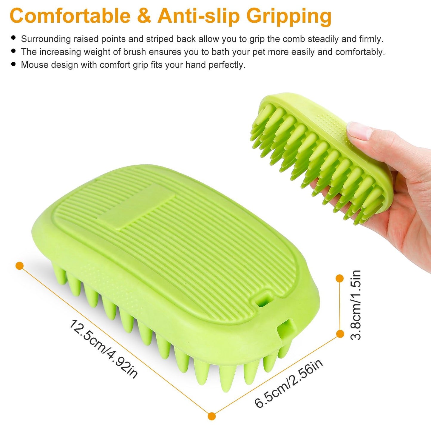 Green silicone pet brush with ribbed anti-slip back and measurements illustrated 12.5x6.5x3.8cm