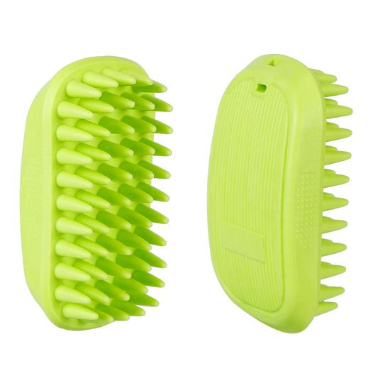 Green silicone pet bath brush showing bristle side and ribbed back with hanging hole