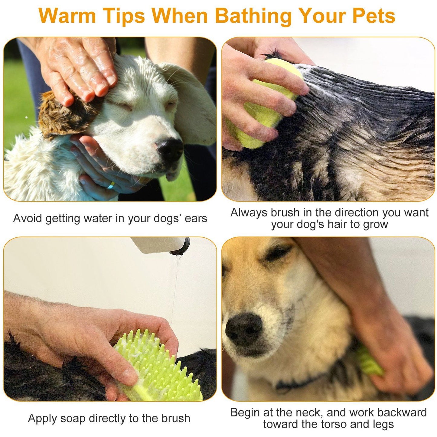 Illustrated bathing tips showing hands using the silicone brush to apply soap and brush toward the torso