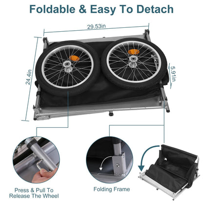 Folded trailer chassis with wheels on top and callouts for release hooks and folding frame