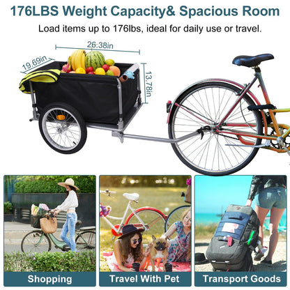 Cargo trailer hitched to bike with produce, showing 176lbs capacity and lifestyle use icons