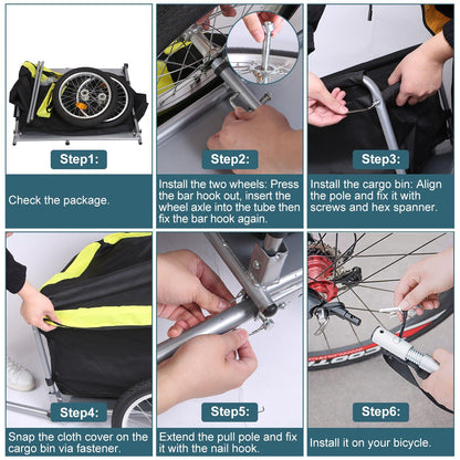 Six-step assembly guide showing wheel install, bin mounting and hitch attachment