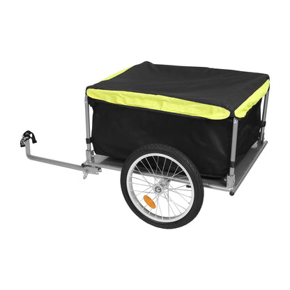 Side view of covered bicycle cargo trailer with neon trim and spoked wheel