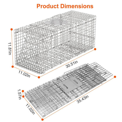 Dimension diagram of galvanized collapsible trap showing extended and folded measurements