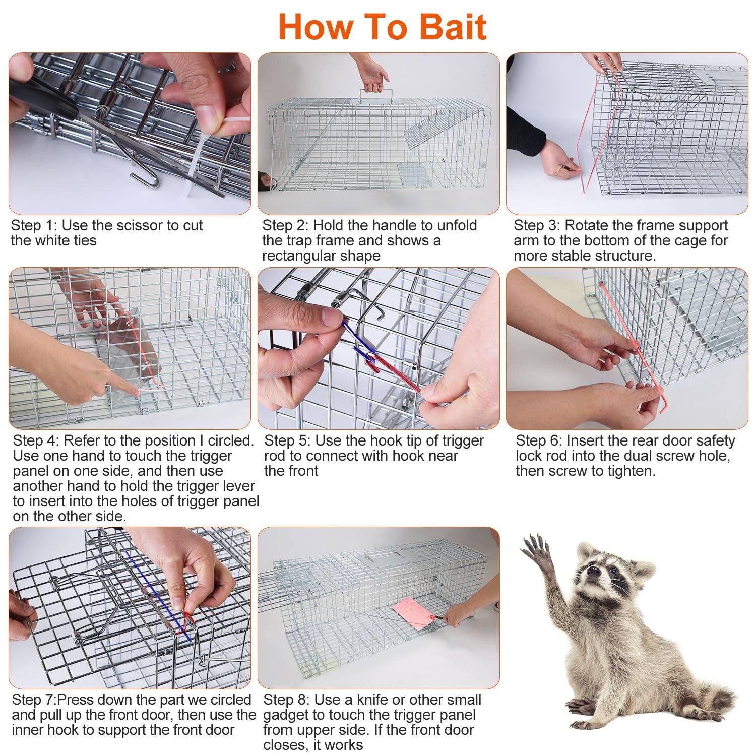 Step-by-step photos demonstrating unfolding assembling and setting the trap trigger and lock rod
