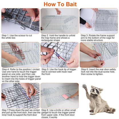 Step-by-step photos demonstrating unfolding assembling and setting the trap trigger and lock rod
