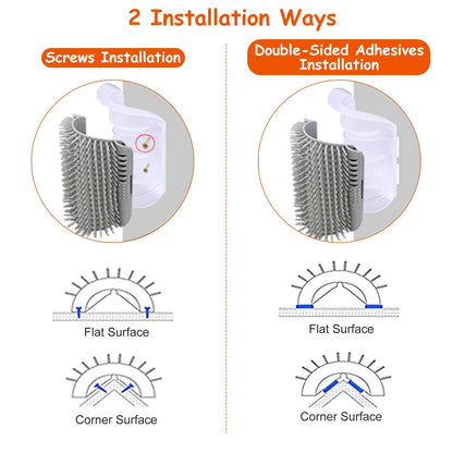 Diagram of screws and double-sided tape installation for corner or flat mounting