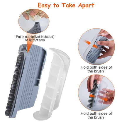 Brush disassembly steps and catnip compartment with hands detaching the silicone brush