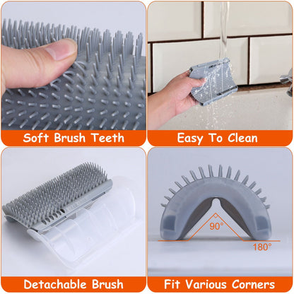Close-up collage showing soft silicone bristles, washable surface, detachable brush