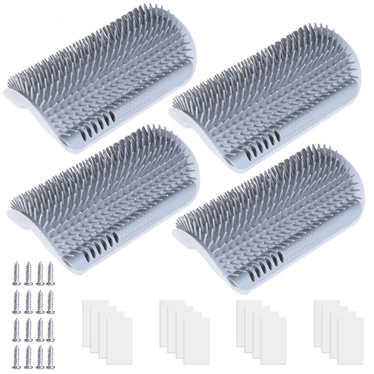 Four grey silicone cat self-groomers with screws and adhesive pads laid out