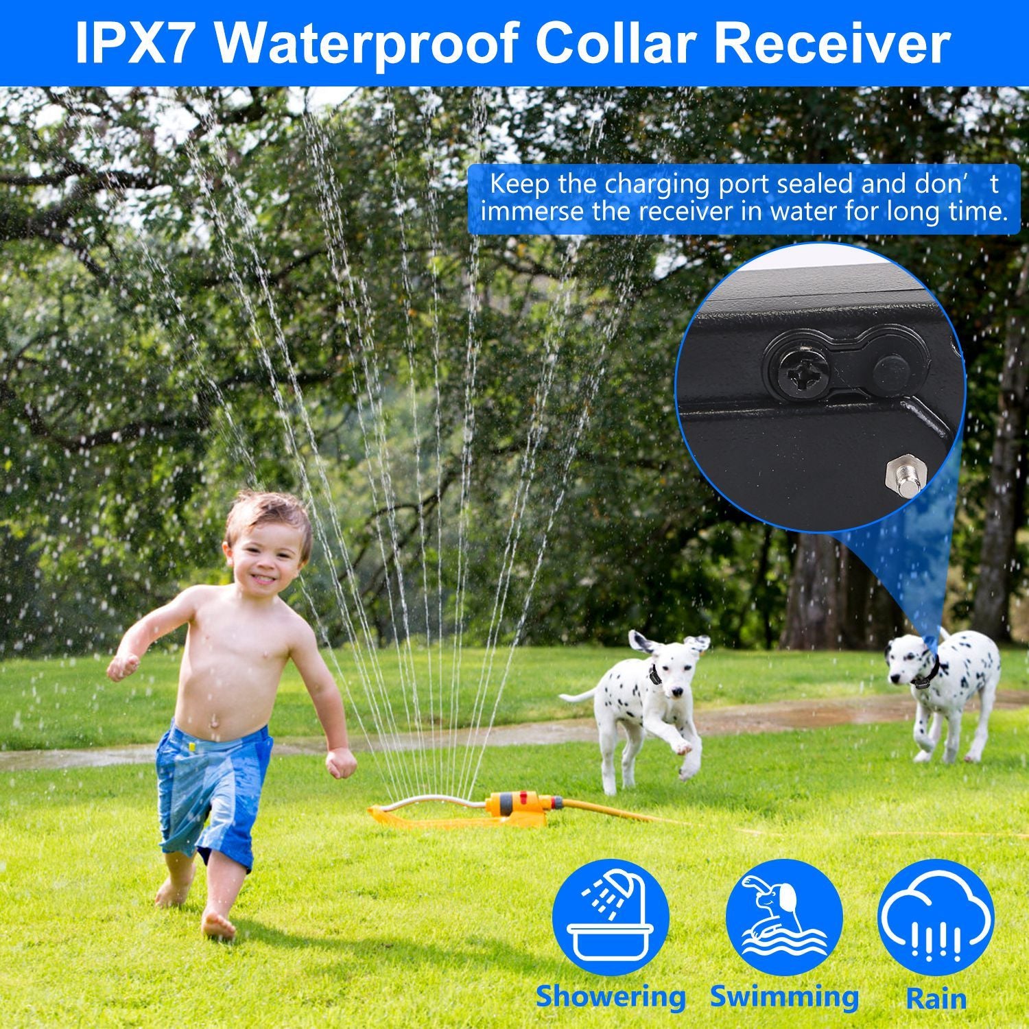 Waterproof graphic showing collar near sprinkler play and inset of sealed charging port and contact points