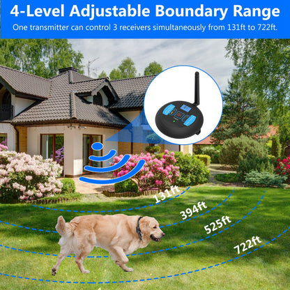 Graphic of a house with concentric range rings labeled 131ft to 722ft and dog wearing collar
