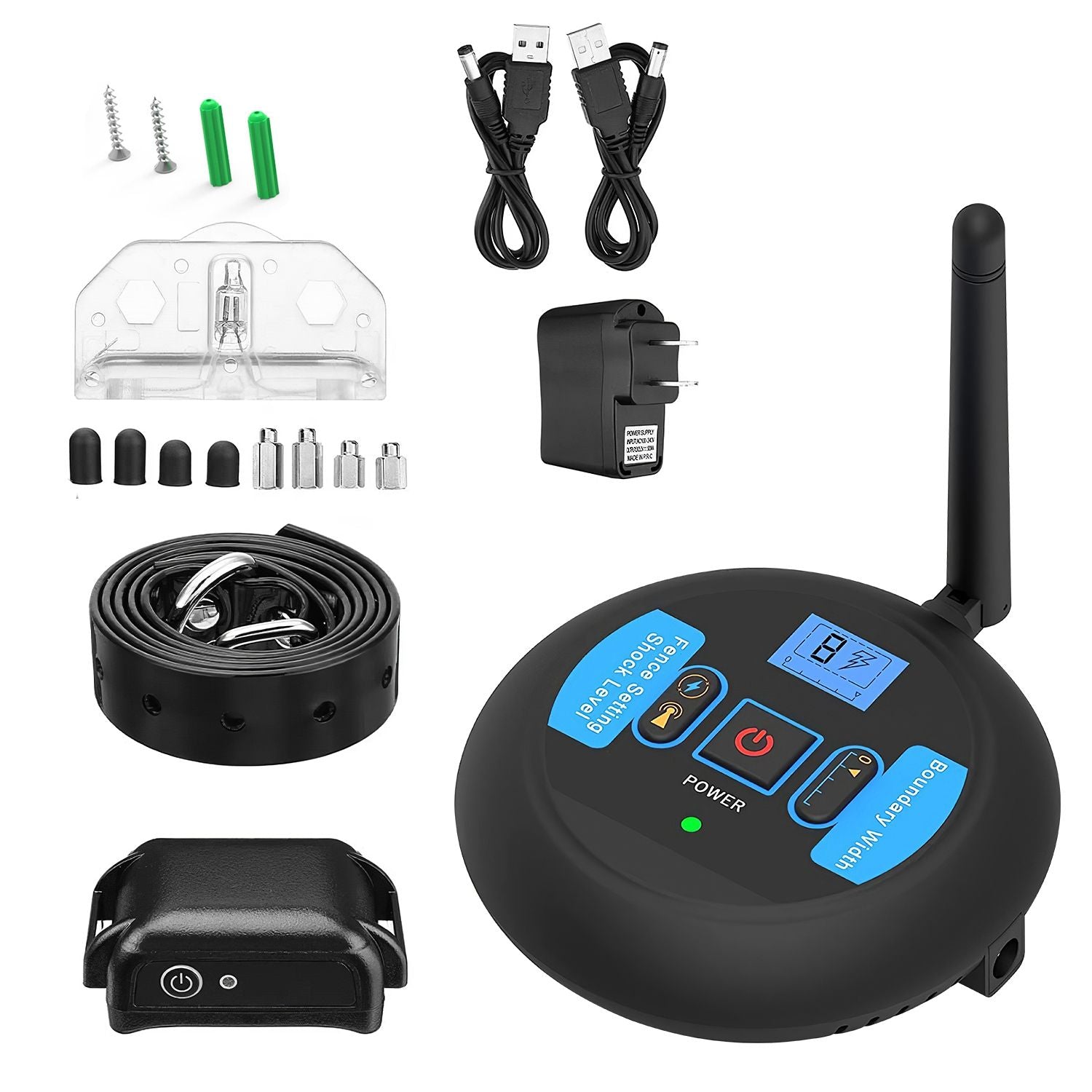 Complete kit laid out with transmitter, receiver, collar strap, USB cables, adapter, probes and accessories