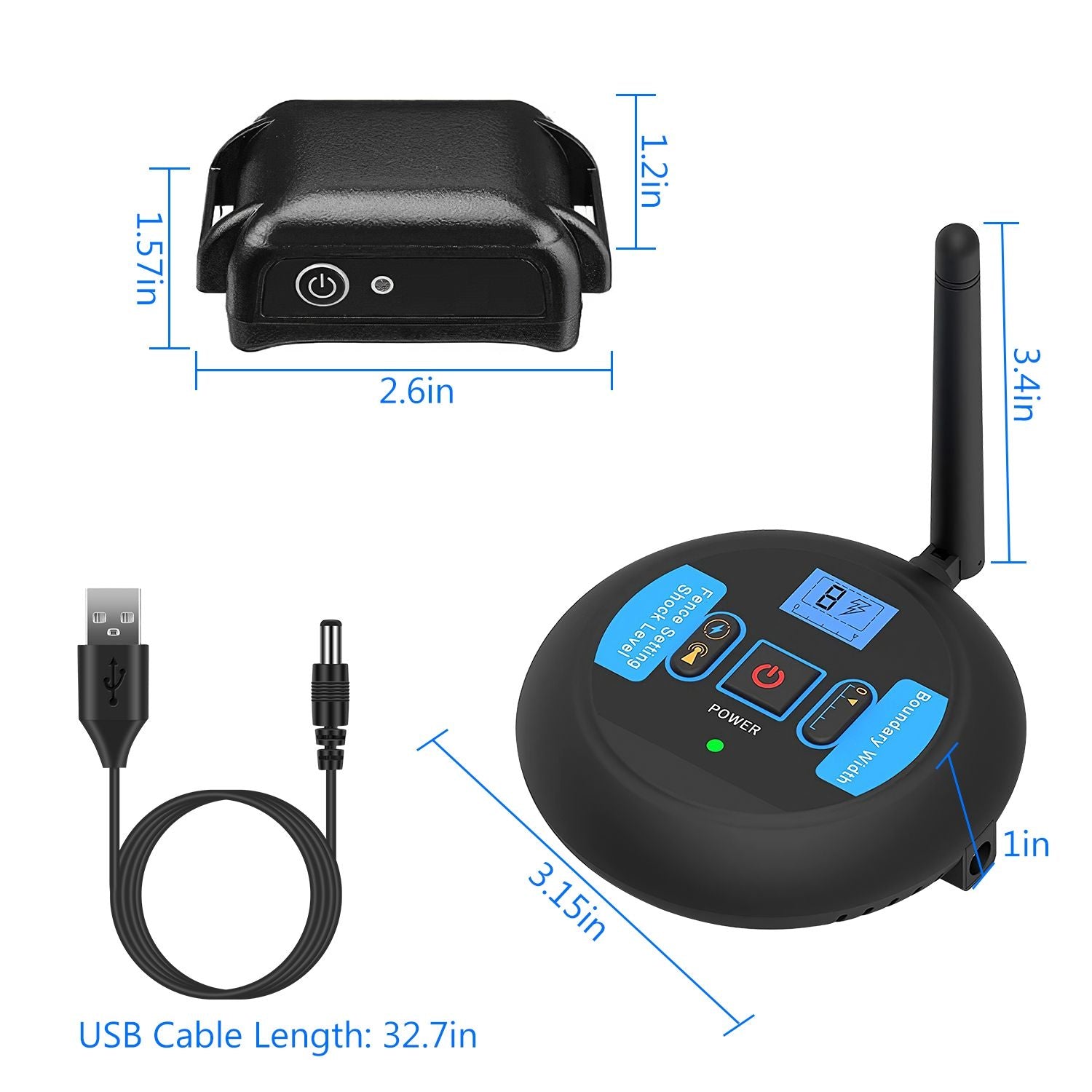 Receiver and transmitter with dimensions annotated and USB cable showing measurements and cable length