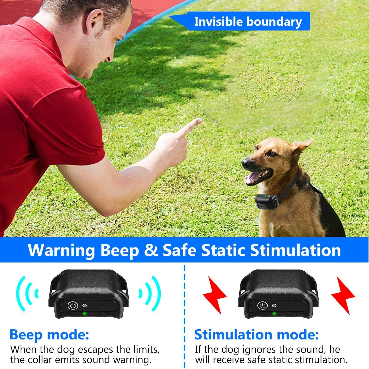 Owner demonstrating training with a dog showing warning beep then stimulation mode