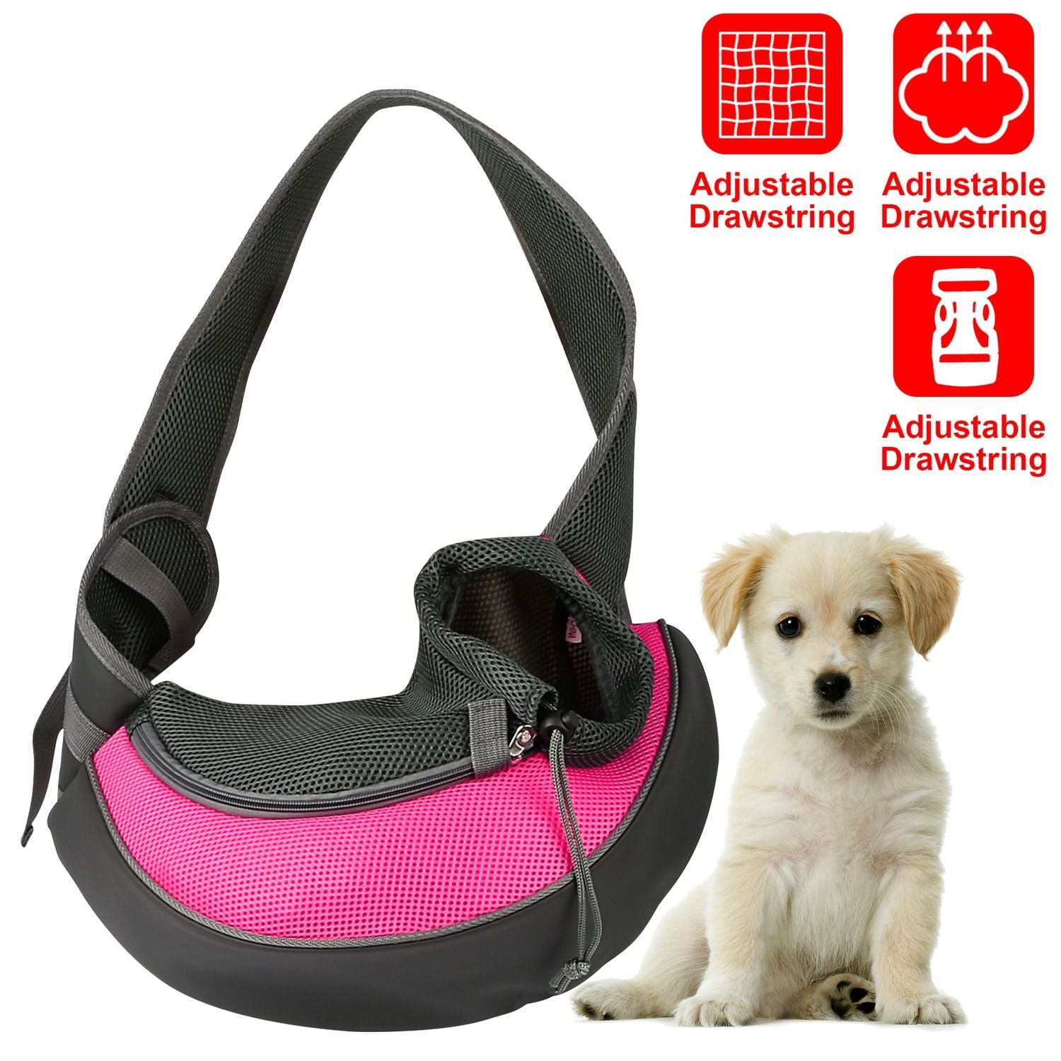 pink breathable pet sling carrier with padded strap and drawstring neck closure