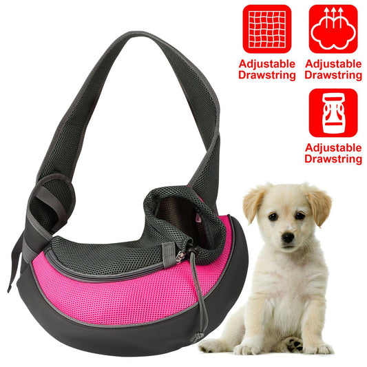 pink breathable pet sling carrier with padded strap and drawstring neck closure