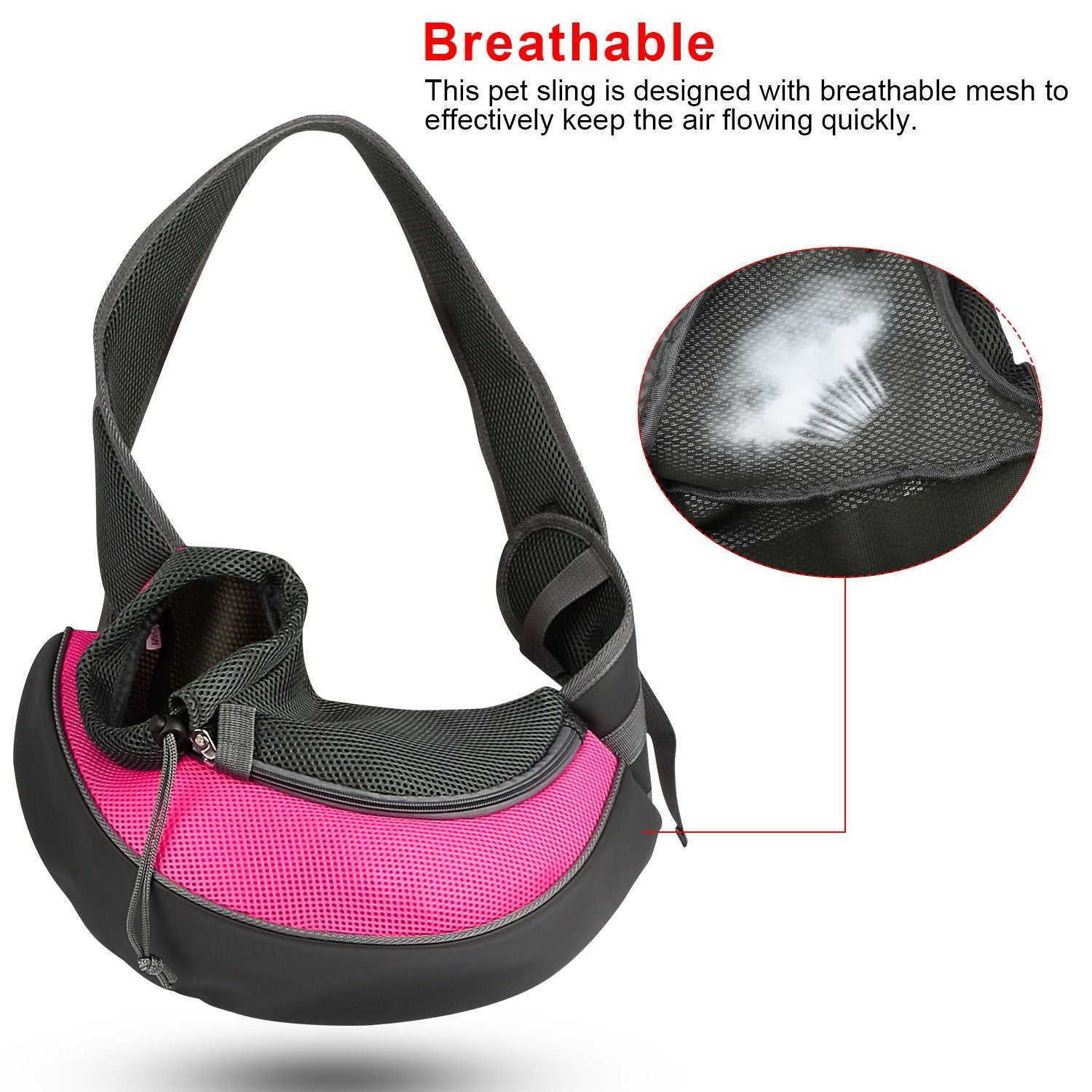 close-up of breathable mesh and padded strap on pet sling carrier