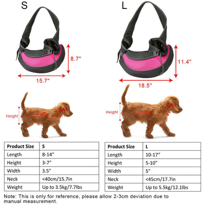 size chart graphic for small and large pet sling carriers with dimensions and weight limits