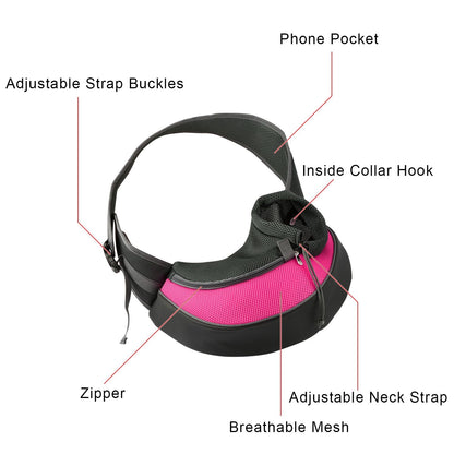 angled pet sling showing adjustable buckles phone pocket and neck strap labels