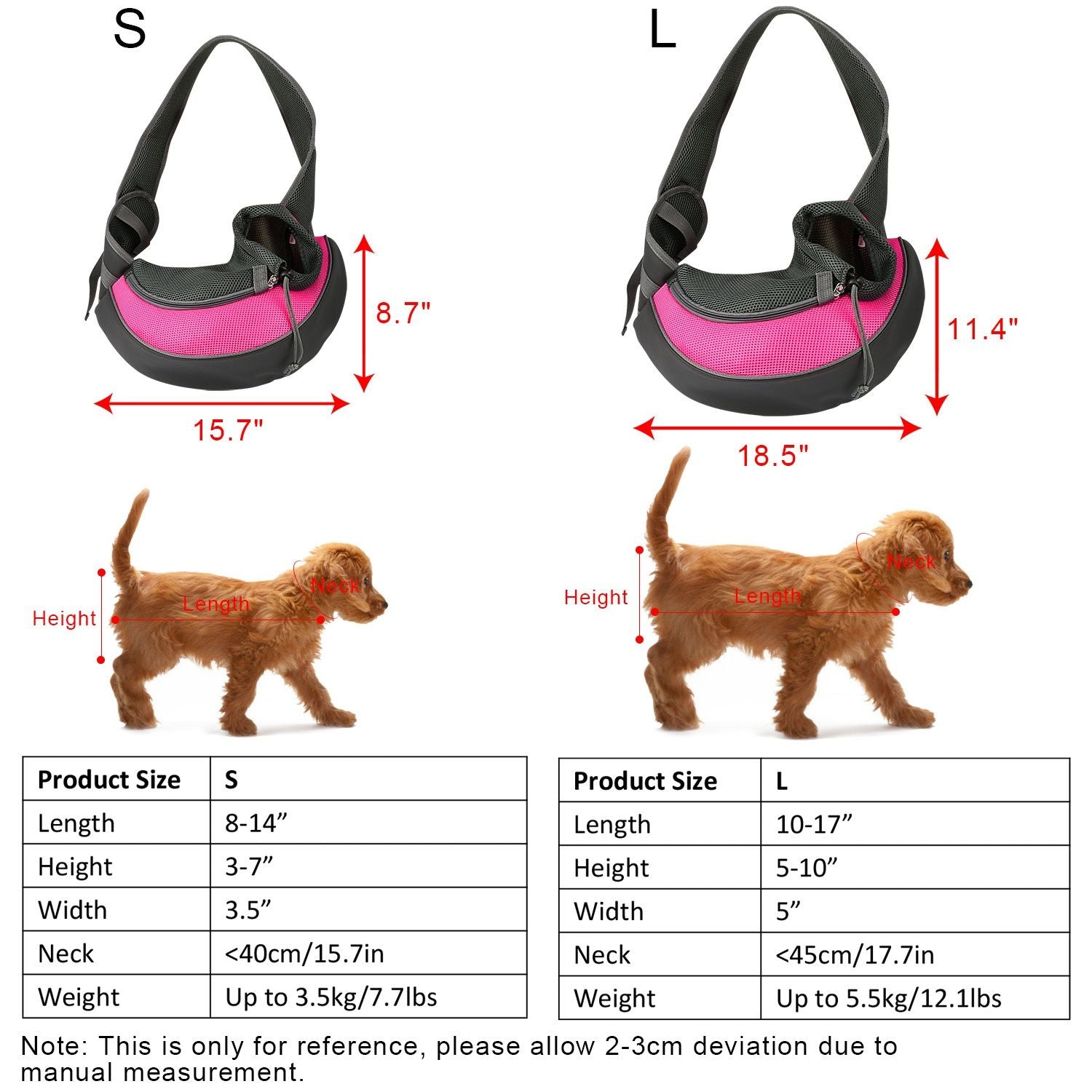 sizing diagram and product size table for pet sling carrier