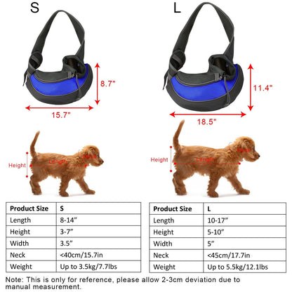 blue carrier size comparison graphic with dimensions and weight recommendations