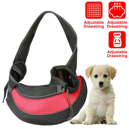 red breathable pet sling with padded strap and cinch drawstring neck