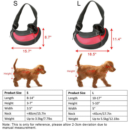 red carrier sizing graphic with measurements and pet weight limits