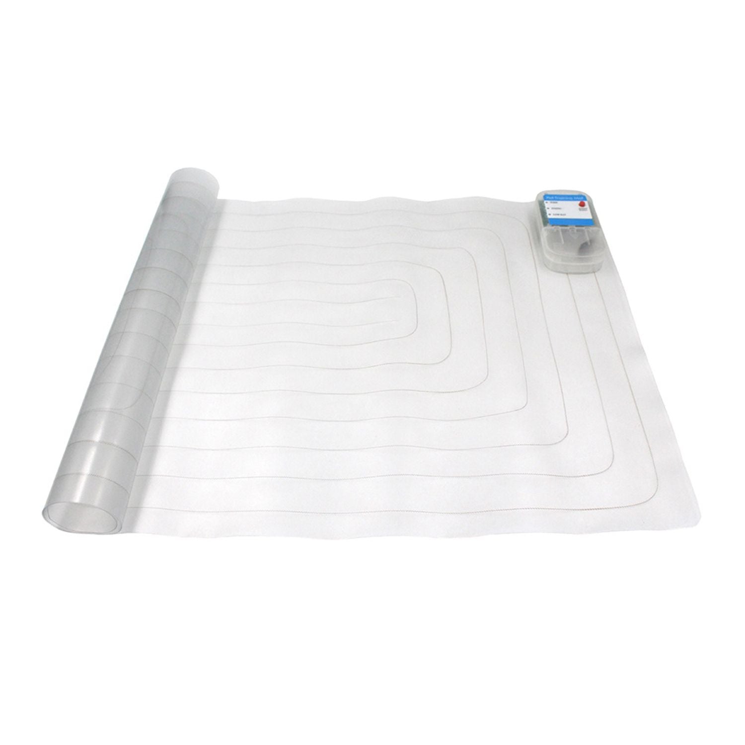 Transparent rollable pet training mat with visible copper traces and a detachable controller on a white background