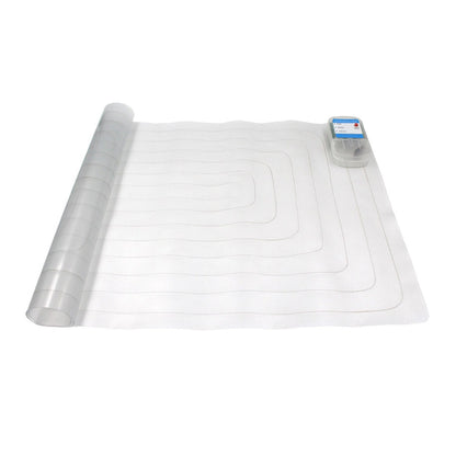 Transparent rollable pet training mat with visible copper traces and a detachable controller on a white background