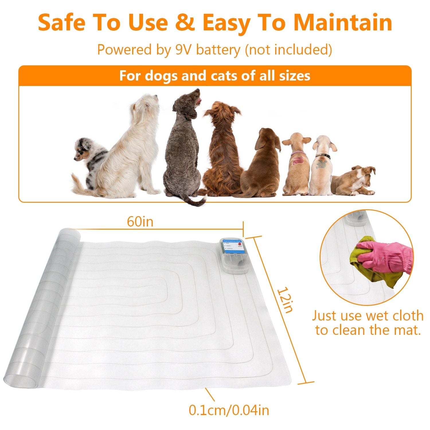 60x12in transparent training mat laid flat with dimensions and cleaning suggestion, thin 0.04in PVC