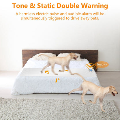 Dog stepping off bed after mat emits a beep, illustrating tone and static training mode