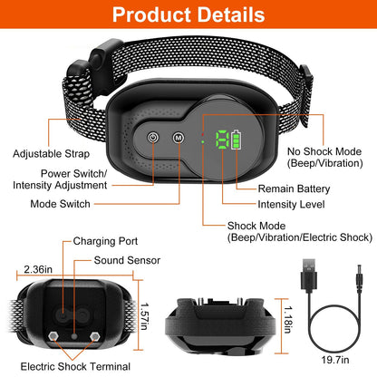 Diagram of bark collar showing power and mode buttons, LED intensity display, charging port, sound sensor and probe terminals