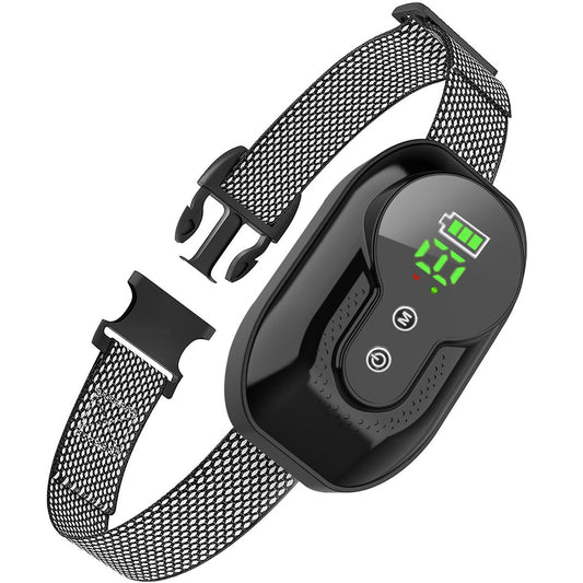 Black rechargeable dog bark collar with LED intensity display, two control buttons, metal probe contacts and woven adjustable