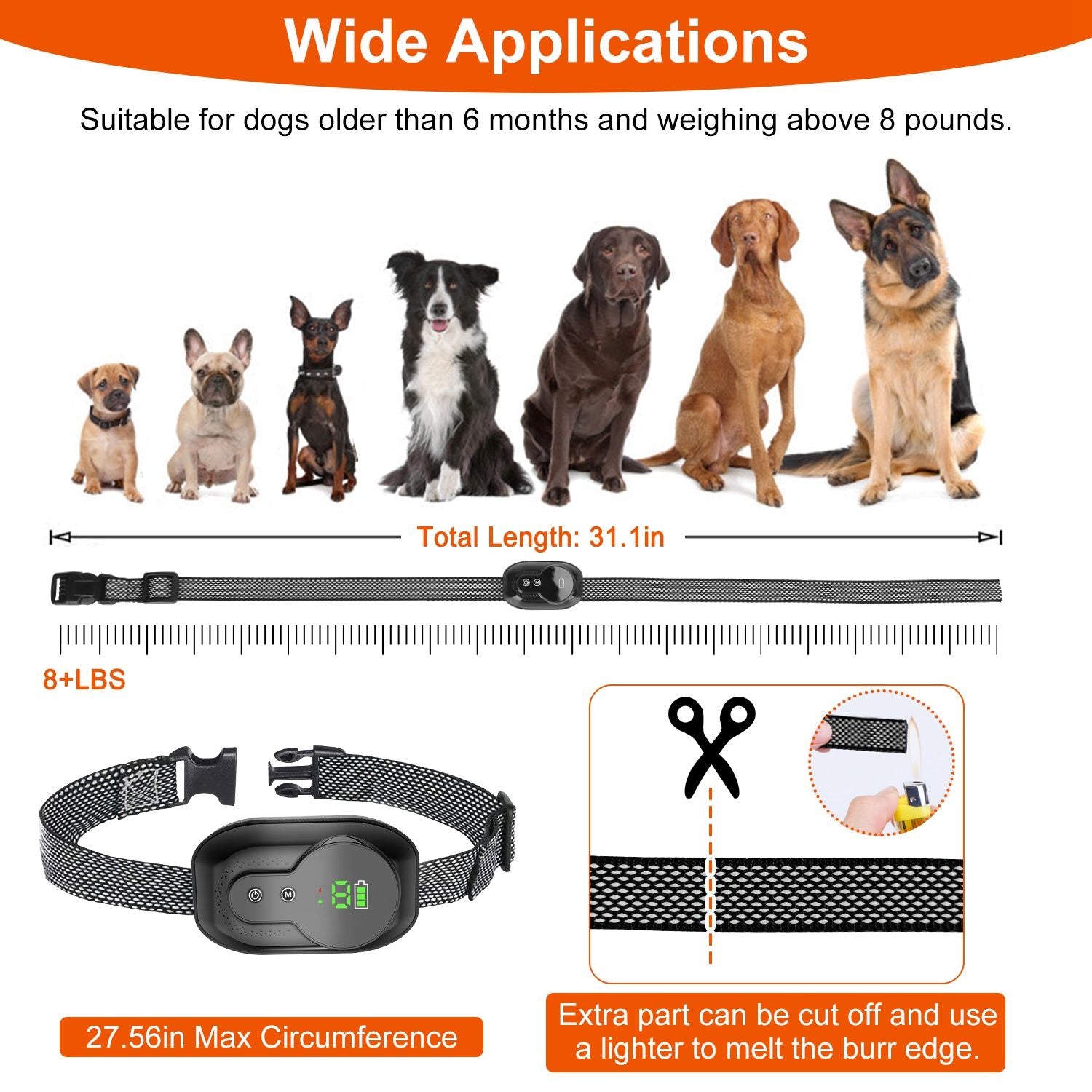 Collar application graphic showing adjustable strap length, max 27.56in circumference and suitable dog sizes