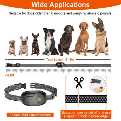 Collar application graphic showing adjustable strap length, max 27.56in circumference and suitable dog sizes