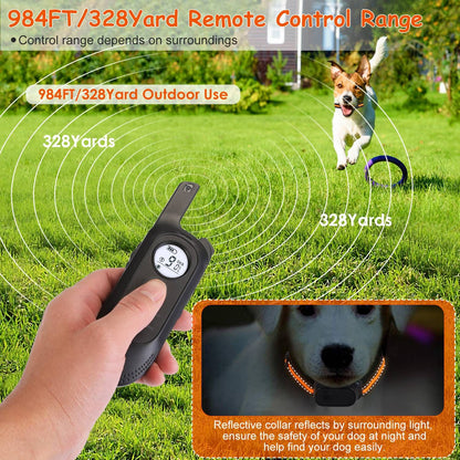 Hand-held transmitter sending signal to a distant dog with concentric rings illustrating 984 ft remote range.