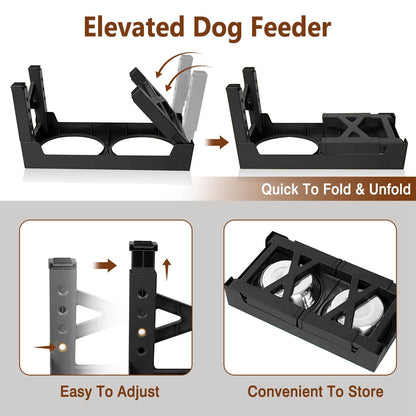 Foldable elevated dog feeder showing legs folding under platform and adjustable locking holes
