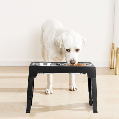 White dog eating from elevated feeder at higher height to demonstrate improved posture