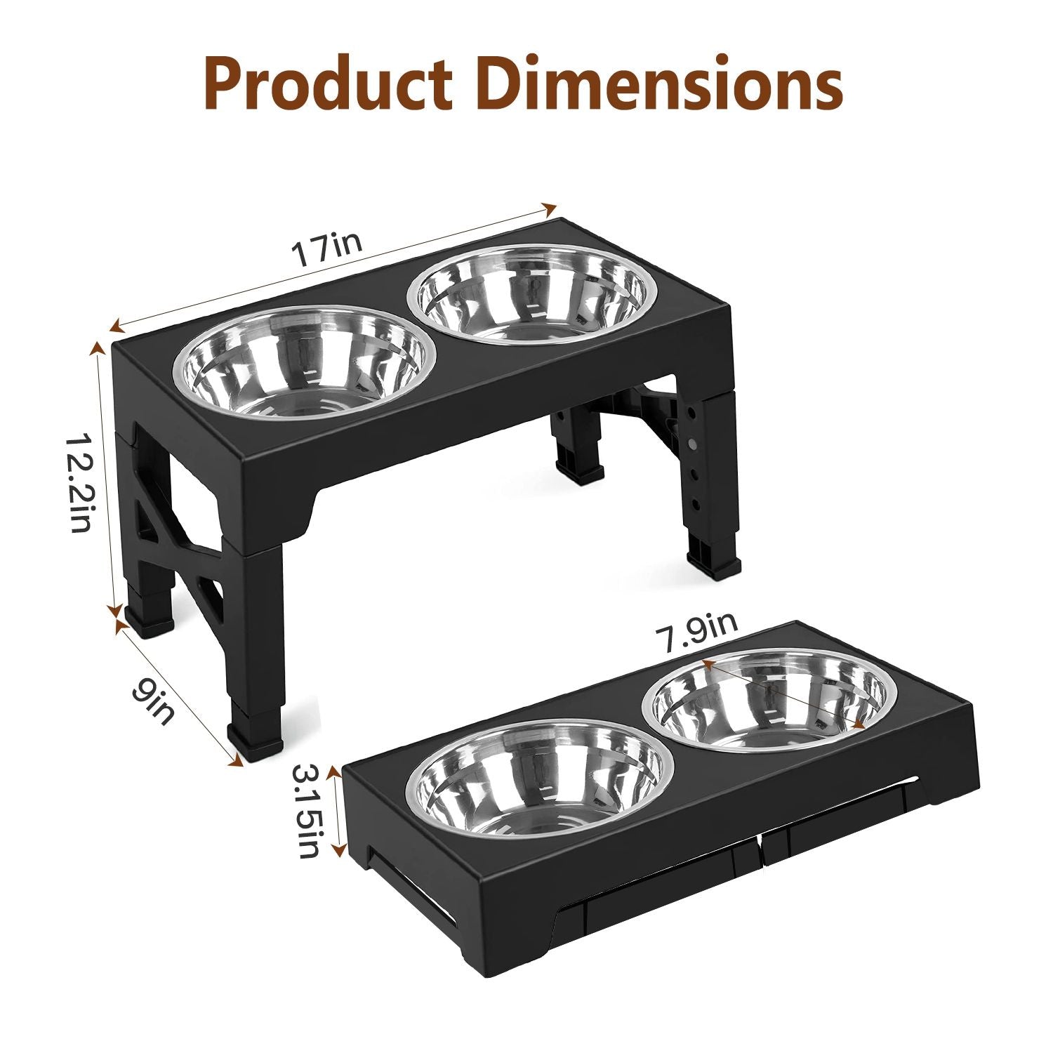Dimensions diagram for elevated double-bowl feeder showing 17 x 9 in footprint and adjustable heights