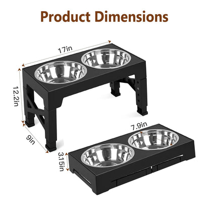 Dimensions diagram for elevated double-bowl feeder showing 17 x 9 in footprint and adjustable heights