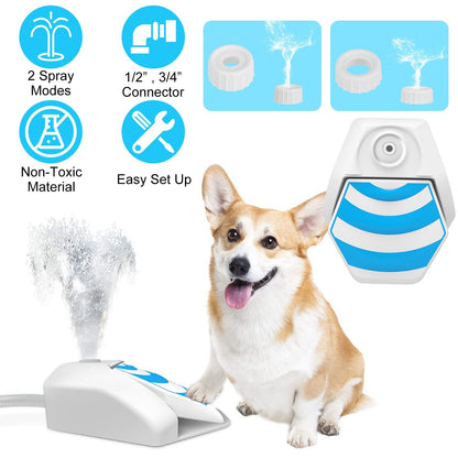 White step‑on dog sprinkler with blue paw pad next to a seated corgi and feature icons