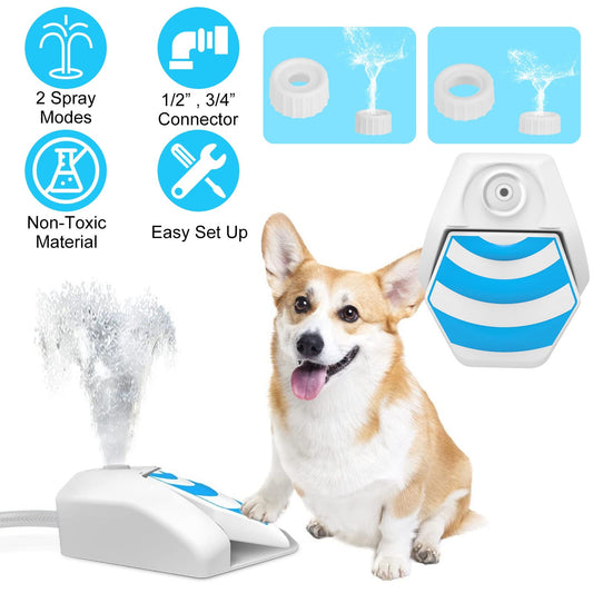 White step‑on dog sprinkler with blue paw pad next to a seated corgi and feature icons