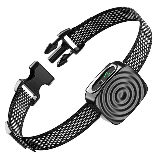Black anti-bark collar with mesh strap and square vibration device