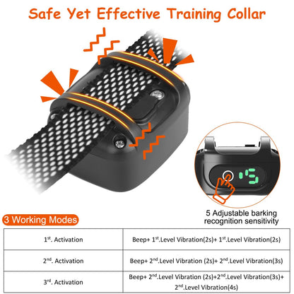 Collar module on strap showing vibration graphics and mode table
