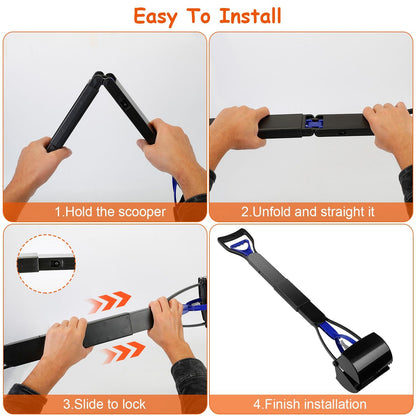 Four-step installation guide showing unfold, straighten, slide to lock, and finish setup of the scooper