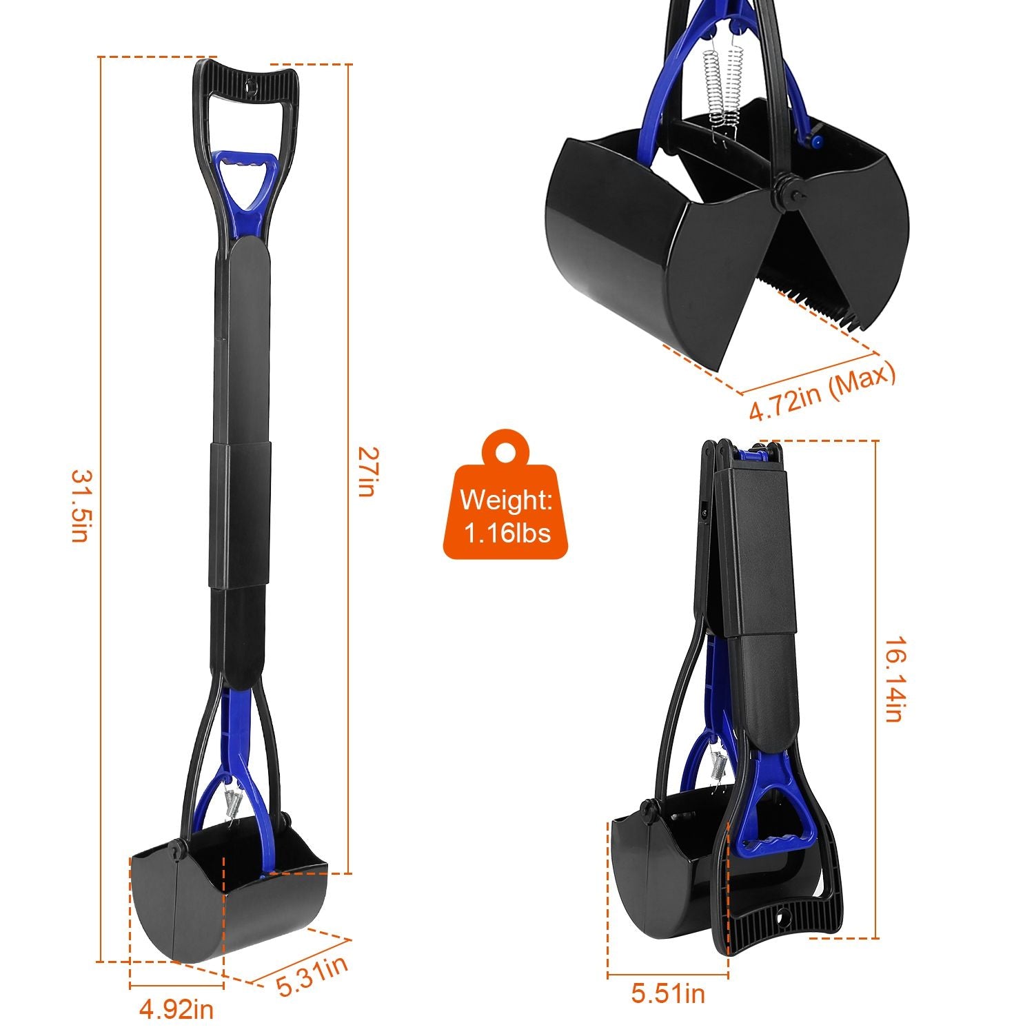 Dimension diagram showing full length, folded size, mouth opening width and 1.16 lb weight